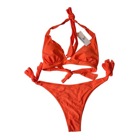 Beachsissi Swim String Bikini Neon Orange Size XL High Cut Triangle Halter Top - Picture 3 of 10